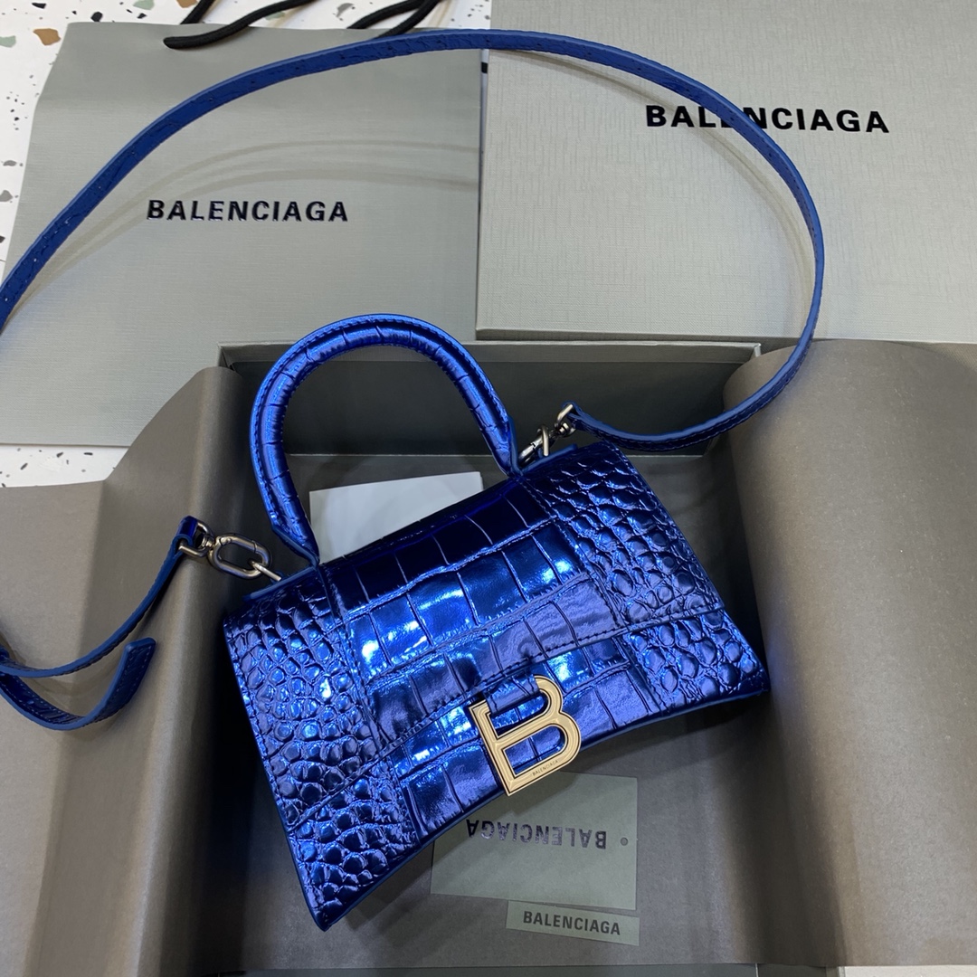 Balenciaga Hourglass XS Handbag Crocodile Embossed Shoulder Bag Blue